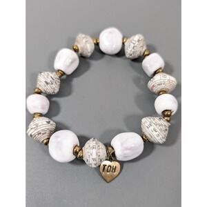 Trades of Hope White Ceramic Roll Bead Stretch Bracelet Boho Tribal‎ 7.5 in